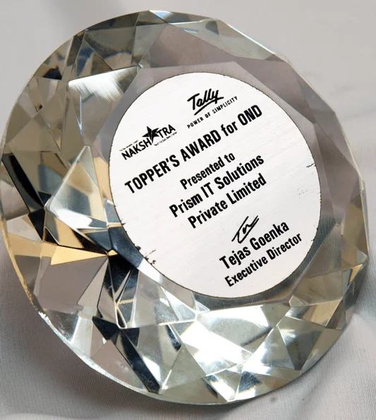 Tally Topper's Award for OND presented to Prism IT solutions Private Limited